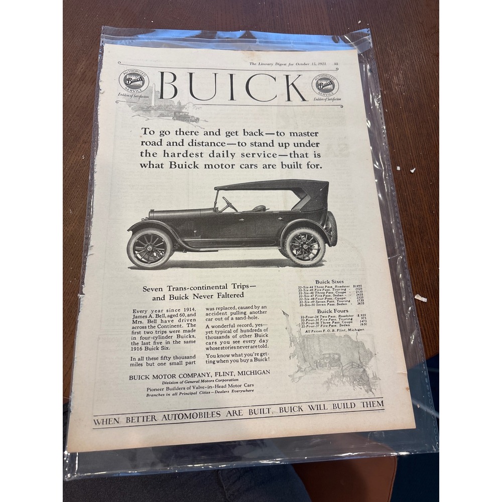 Buick Vintage Magazine Print Ad 1921 Black White Antique Car Decor Wall Art